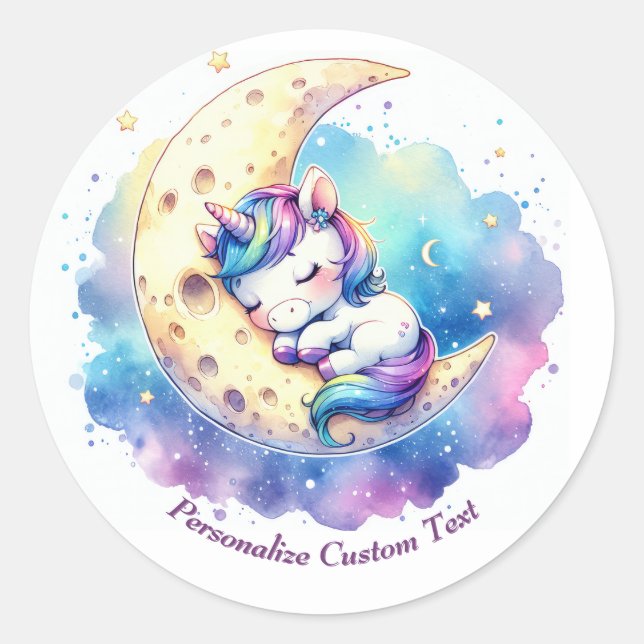 Personalised Cute Baby Unicorn Sleeping on Moon Classic Round Sticker (Front)
