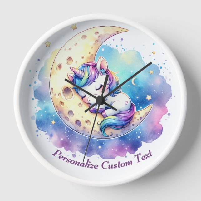 Personalised Cute Baby Unicorn Sleeping on Moon Clock (Front)