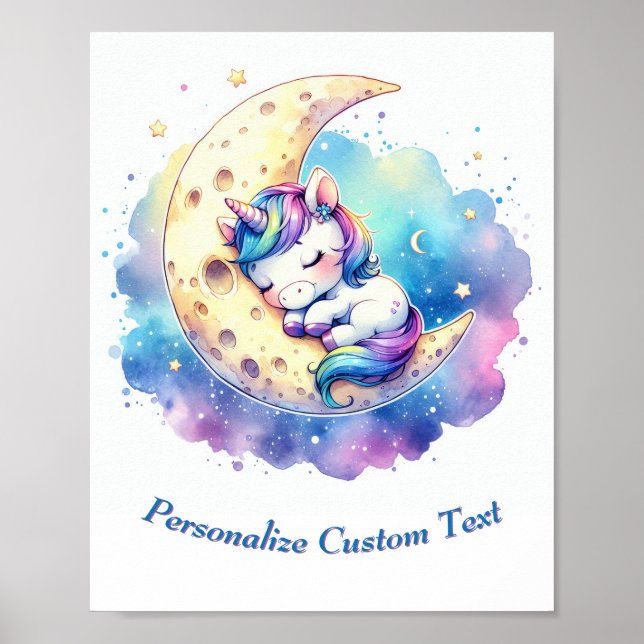 Personalised Cute Baby Unicorn Sleeping on Moon Poster (Front)