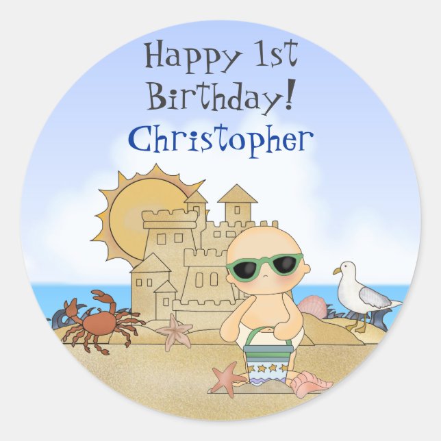Personalised Cute Beach Baby Boy's 1st Birthday Classic Round Sticker (Front)