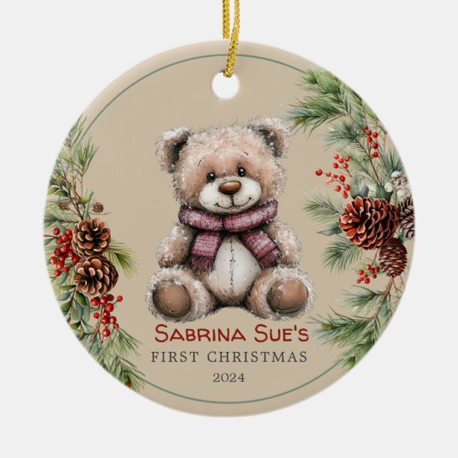 Personalised Cute Bear Baby's First Christmas Ceramic Tree Decoration (Front)