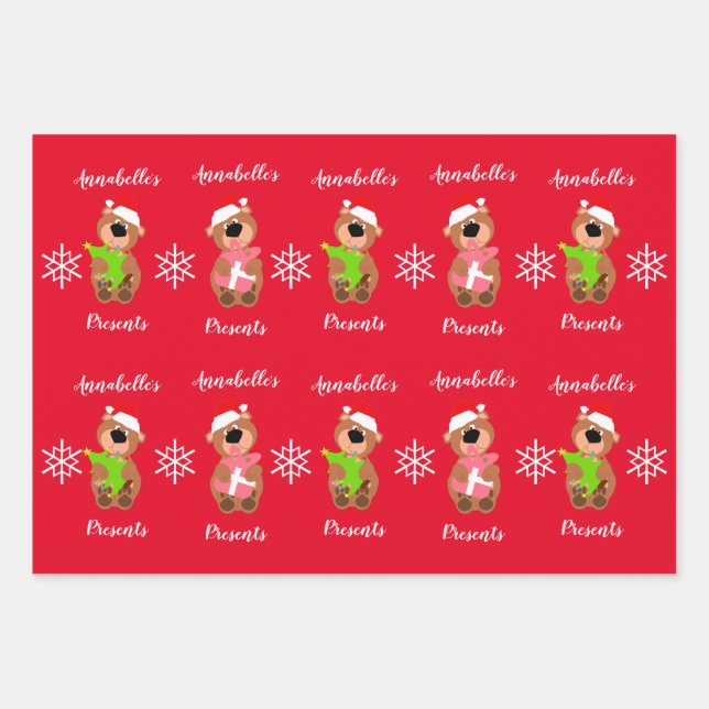 Personalised Cute Bear Happy Christmas  Wrapping P Paper Sheet (Front)