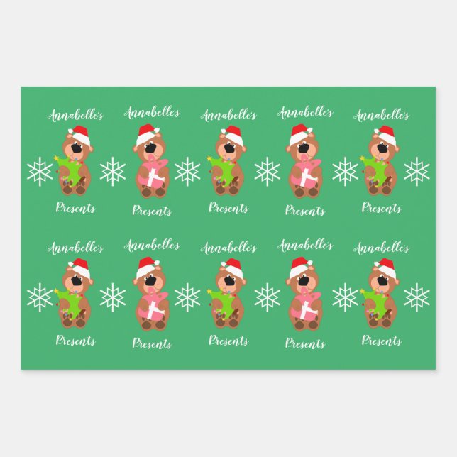 Personalised Cute Bear Happy Christmas  Wrapping P Wrapping Paper Sheet (Front)