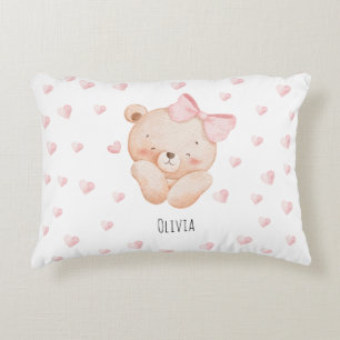 Personalised Cute Bear with pink Hearts Decorative Cushion