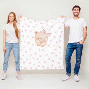 Personalised Cute Bear with pink Hearts  Fleece Blanket
