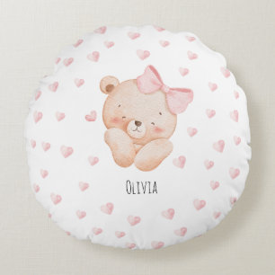 Personalised Cute Bear with pink Hearts Round Cushion