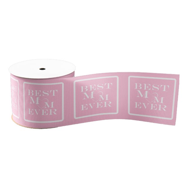 Personalised Cute "Best Mum Ever" White Heart Pink Grosgrain Ribbon (Spool)