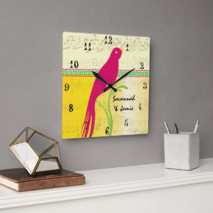 Personalised Cute Bird Yellow Pink and Green Square Wall Clock