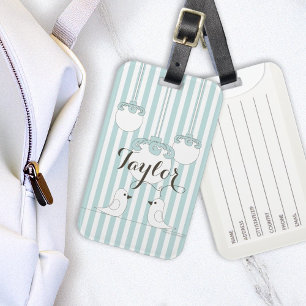 Personalised Cute Birds Baby Blue Stripe Luggage Tag