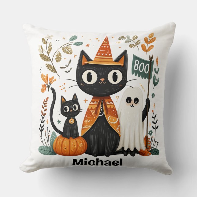 Personalised Cute Black Cat & Ghost Halloween Cushion (Front)