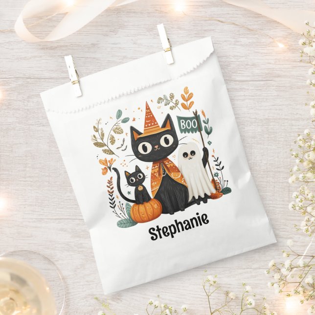 Personalised Cute Black Cat & Ghost Halloween Favour Bags (Clipped)