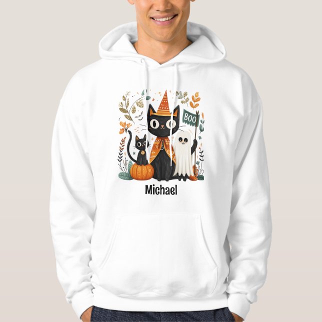 Personalised Cute Black Cat & Ghost Halloween Hoodie (Front)