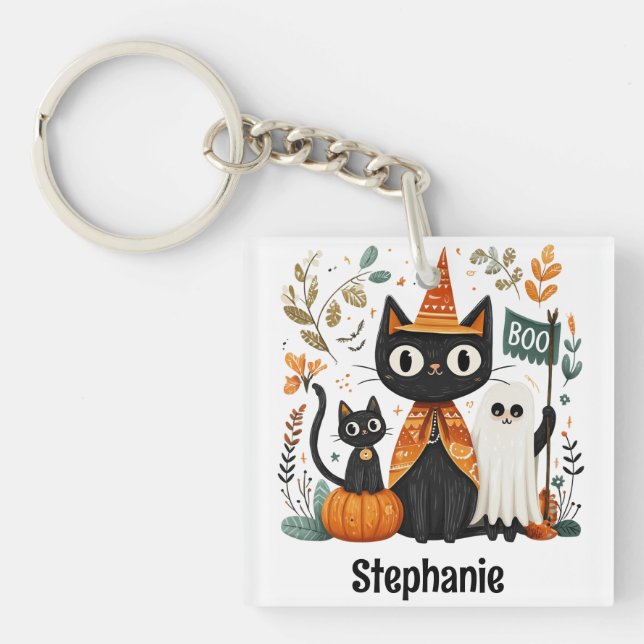 Personalised Cute Black Cat & Ghost Halloween Key Ring (Front)