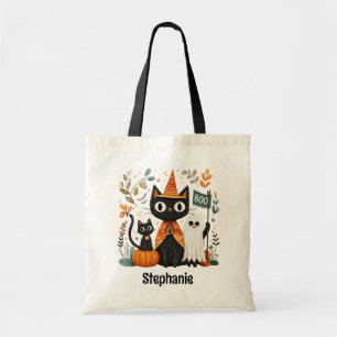 Personalised Cute Black Cat & Ghost Halloween Tote Bag