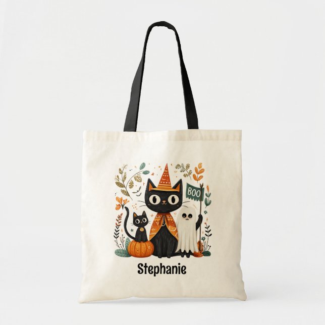 Personalised Cute Black Cat & Ghost Halloween Tote Bag (Front)