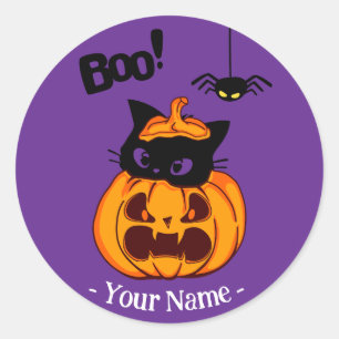 Personalised Cute Black Cat in Jack O' Lantern Boo Classic Round Sticker
