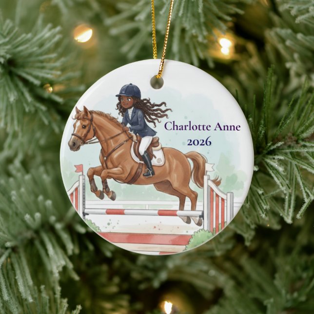 Personalised Cute Black Girl Horse Show Jumping Ceramic Tree Decoration (Tree)