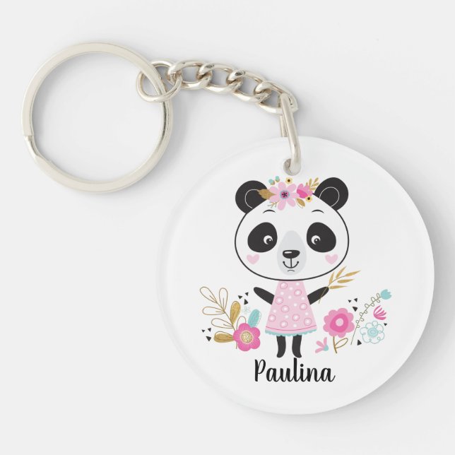 Personalised Cute Black White floral Panda Bear Key Ring (Front)