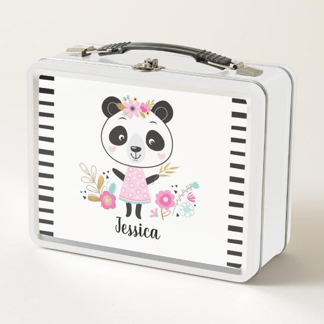 Personalised Cute Black White Panda Metal Lunch Box (Front)