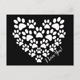Personalised Cute Black White Paw Print Heart Postcard