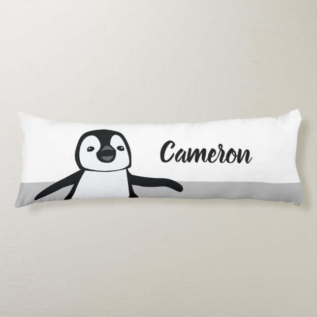 Personalised Cute Black white Penguin Illustration Body Cushion (Front)