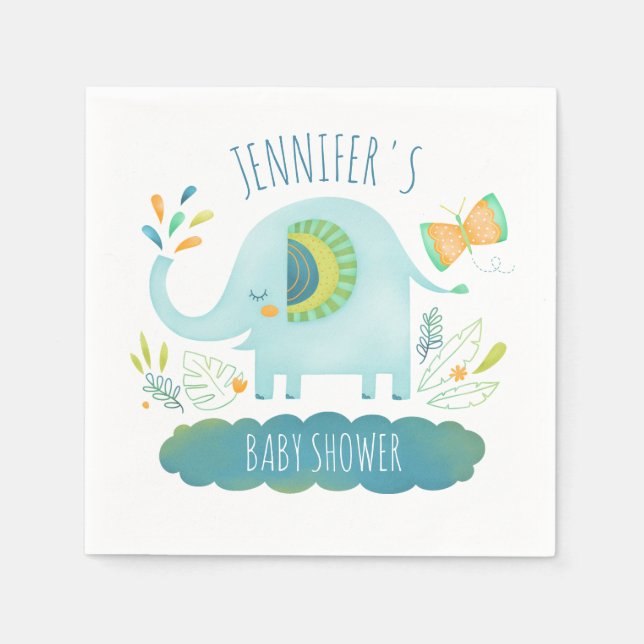Personalised Cute Blue Elephant Baby Shower Napkin (Front)