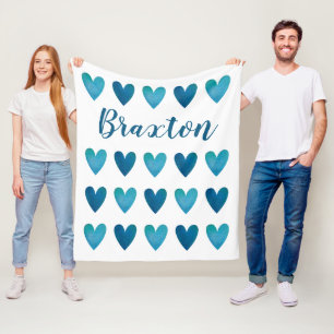Personalised Cute Blue Hearts Valentines Day  Fleece Blanket