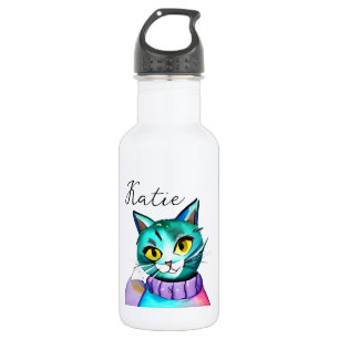 Personalised Cute Blue Kitty Cat 532 Ml Water Bottle