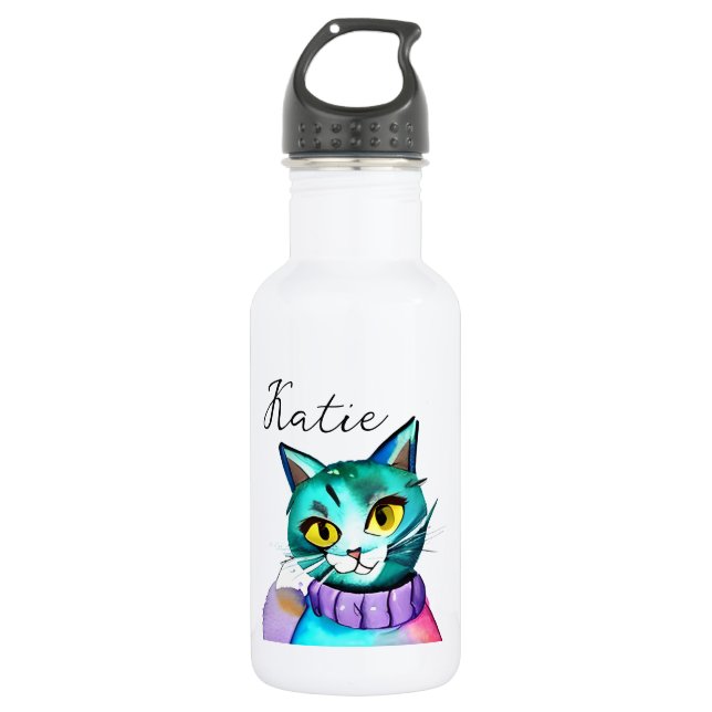 Personalised Cute Blue Kitty Cat 532 Ml Water Bottle (Front)