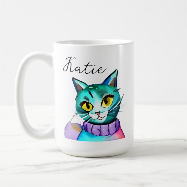 Personalised Cute Blue Kitty Cat Coffee Mug (Left)