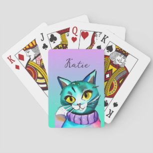 Personalised Cute Blue Kitty Cat Playing Cards
