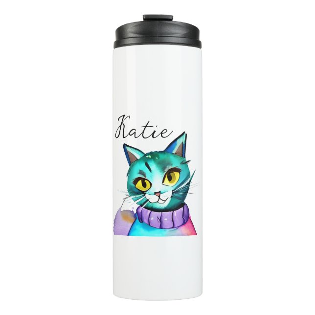 Personalised Cute Blue Kitty Cat Thermal Tumbler (Front)