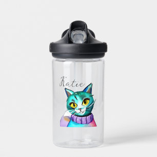 Personalised Cute Blue Kitty Cat Water Bottle
