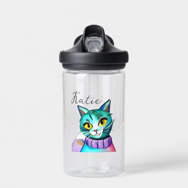 Personalised Cute Blue Kitty Cat Water Bottle (Front)