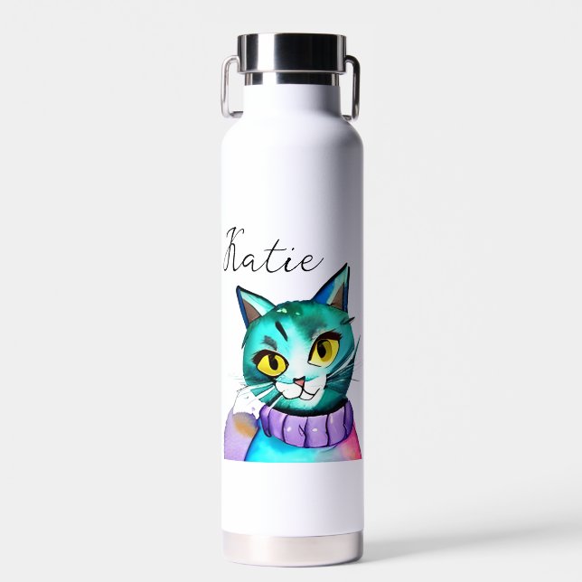 Personalised Cute Blue Kitty Cat Water Bottle (Front)