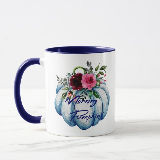 Personalised Cute Blue  Morning Pumpkin Coffee Mug (Left)