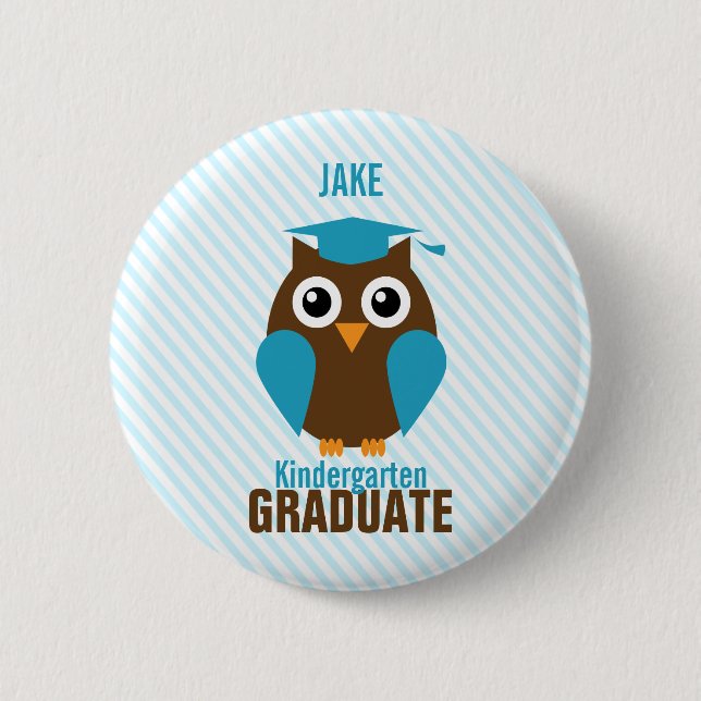 Personalised Cute Blue Owl Kindergarten Graduate 6 Cm Round Badge (Front)