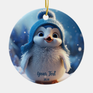 Personalised Cute Blue Penguin Custom Holiday Ceramic Tree Decoration