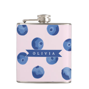 Personalised Cute Blueberry Watercolor Gift Name Hip Flask