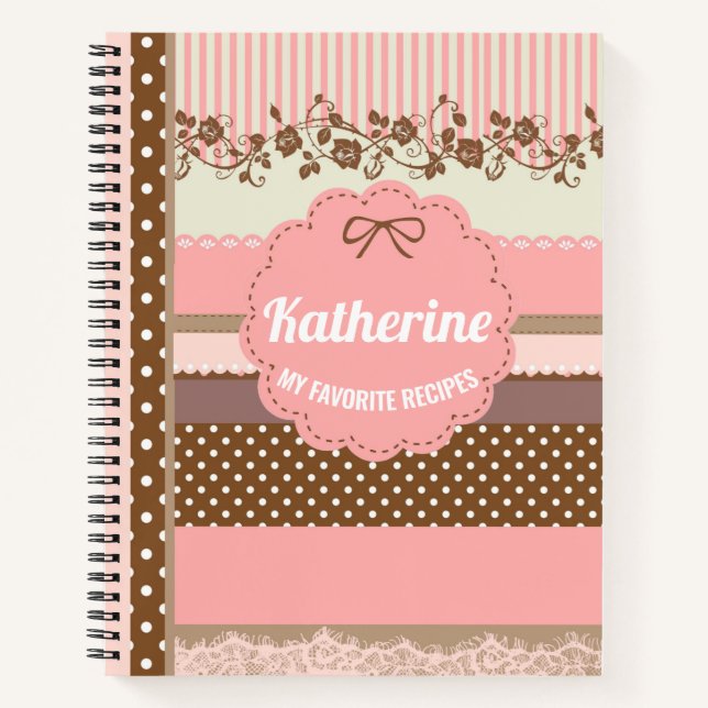 Personalised cute blush pink polka dots recipe notebook (Front)