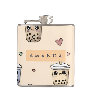Personalised Cute Boba Tea Pattern Hip Flask