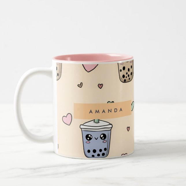 Personalised Cute Boba Tea Pattern Two-Tone Coffee Mug (Left)