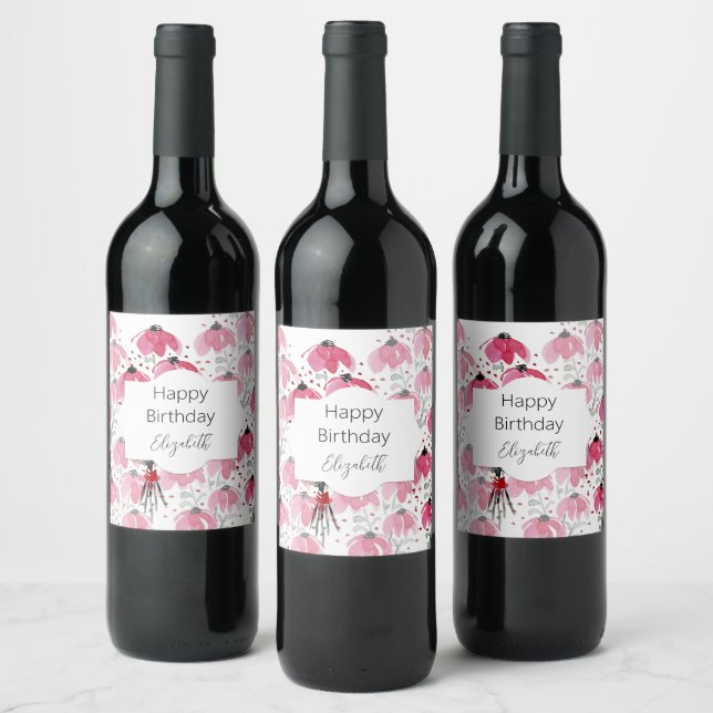 Personalised Cute Boho Pink Watercolor Floral Wine Label (Bottles)