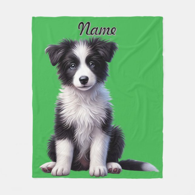 Personalised Cute Border Collie Puppy Fleece Blanket (Front)