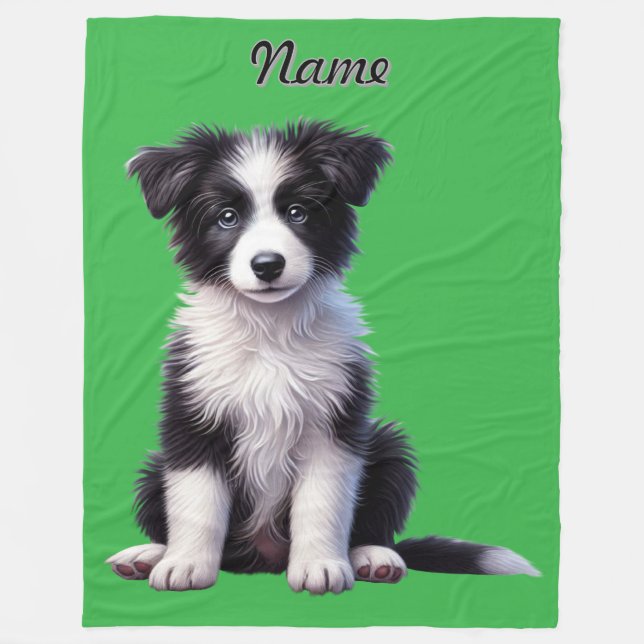 Personalised Cute Border Collie Puppy Fleece Blanket (Front)