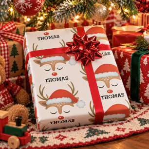 Personalised Cute Boy Christmas Reindeer Face Wrapping Paper