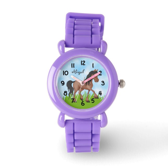 Personalised Cute Brown and Black Horse Watch (Front)