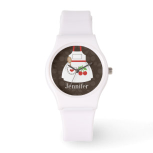 Personalised Cute Brown and Red Kitchen Apron Watch