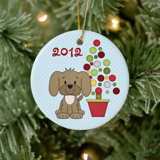 Personalised Cute Brown Dog, Holiday Tree on Blue Ceramic Tree Decoration (Tree)