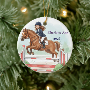 Personalised Cute Brown-Ha Girl Horse Show Jumping Ceramic Tree Decoration